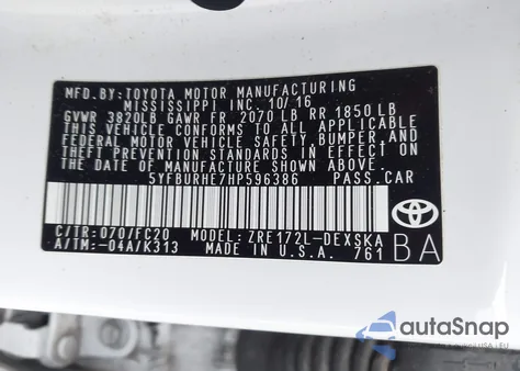 2017 Toyota Corolla Se из США, поврежденный, VIN 5YFBURHE7HP596386